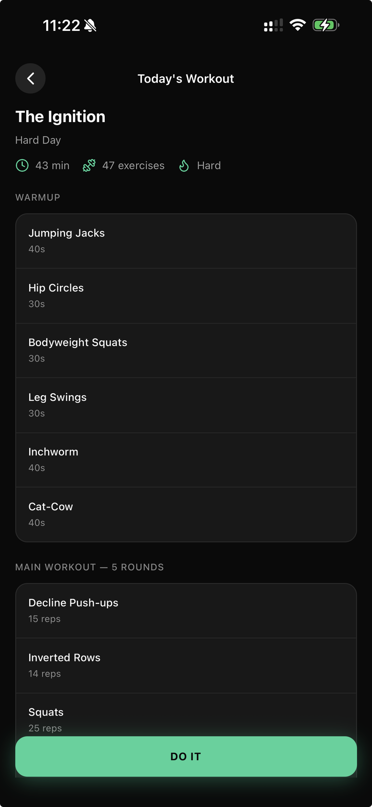 DO IT app screen showing today's workout preview
